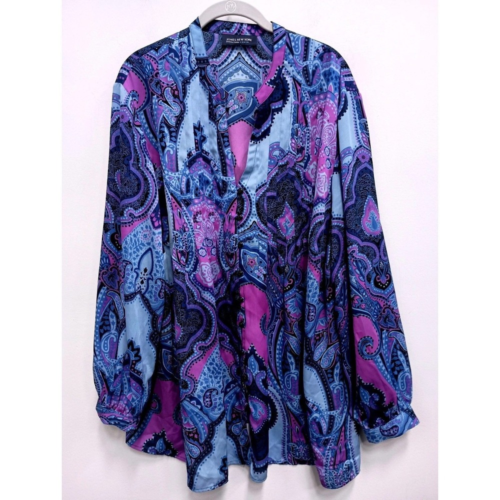 Jones New York Signature Top Womens 1X Blue Purple Paisley BOHO Long Sleeve